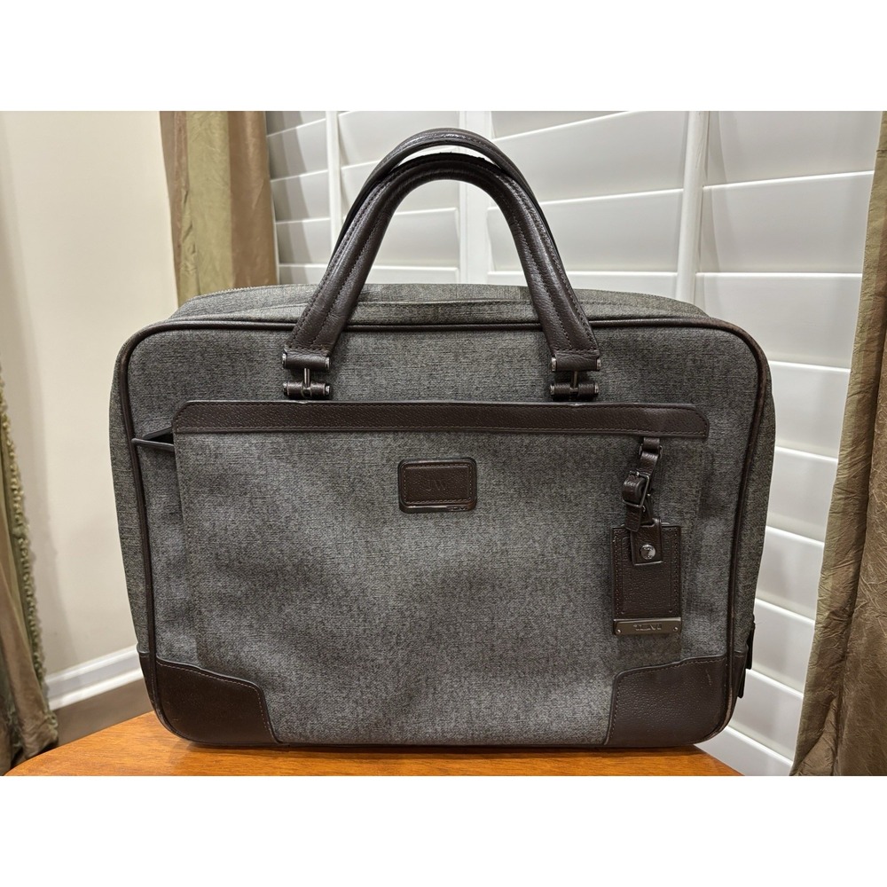 TUMI Gray Brown Leather Trim Laptop Briefcase Business Travel Bag Monogrammed
